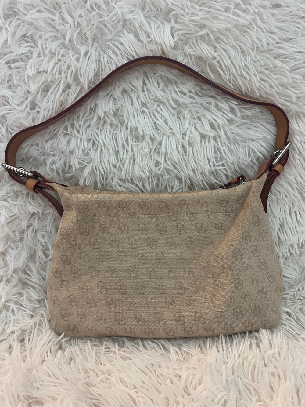 Dooney & Bourke Beige Monogram Shoulder Bag with Tan Strap